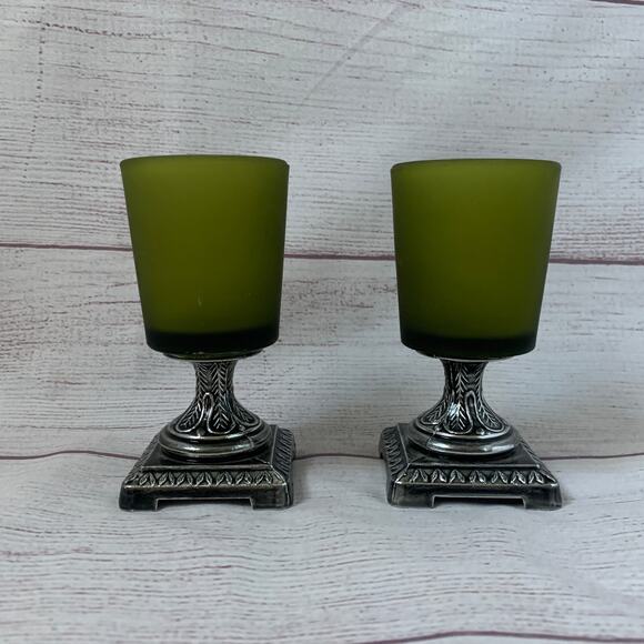 Green Frosted Glass Votive Candle Holders Set of 2 Square Metal Base 4 3/8" - Picture 3 of 16